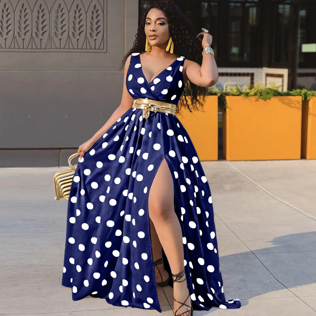 Polka Dot V-Neck Wrapped Sleeveless High Slit Maxi Dress