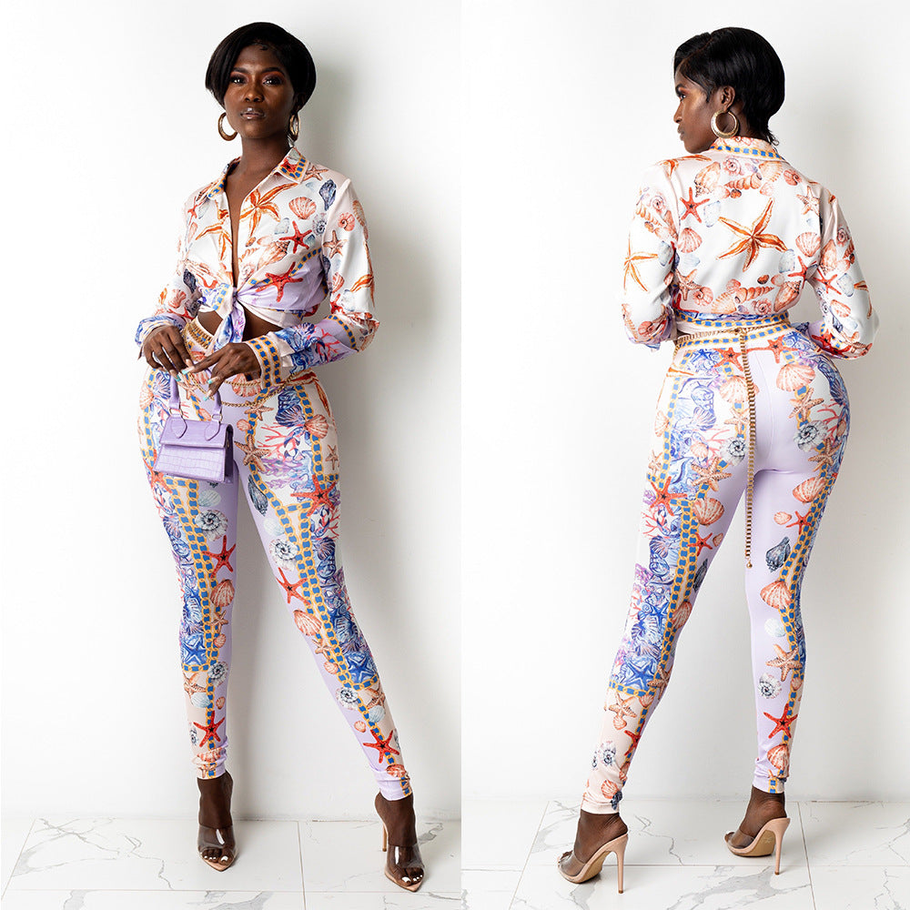 Tropical Starfish Baroque Chain Print Turn-Down Collar Long Sleeve Lace-Up Blouse+ Skin Tight Leggings Women's 2-Piece Set