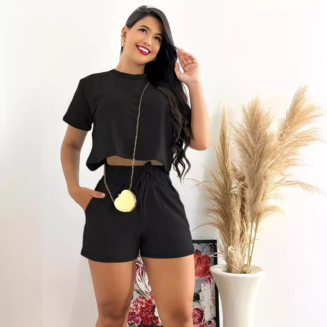 Casual Solid Color Midrift Short Sleeve Women's O-Neck T-Shirt + Elastic Waist Drawstring Shorts 2-Piece Set