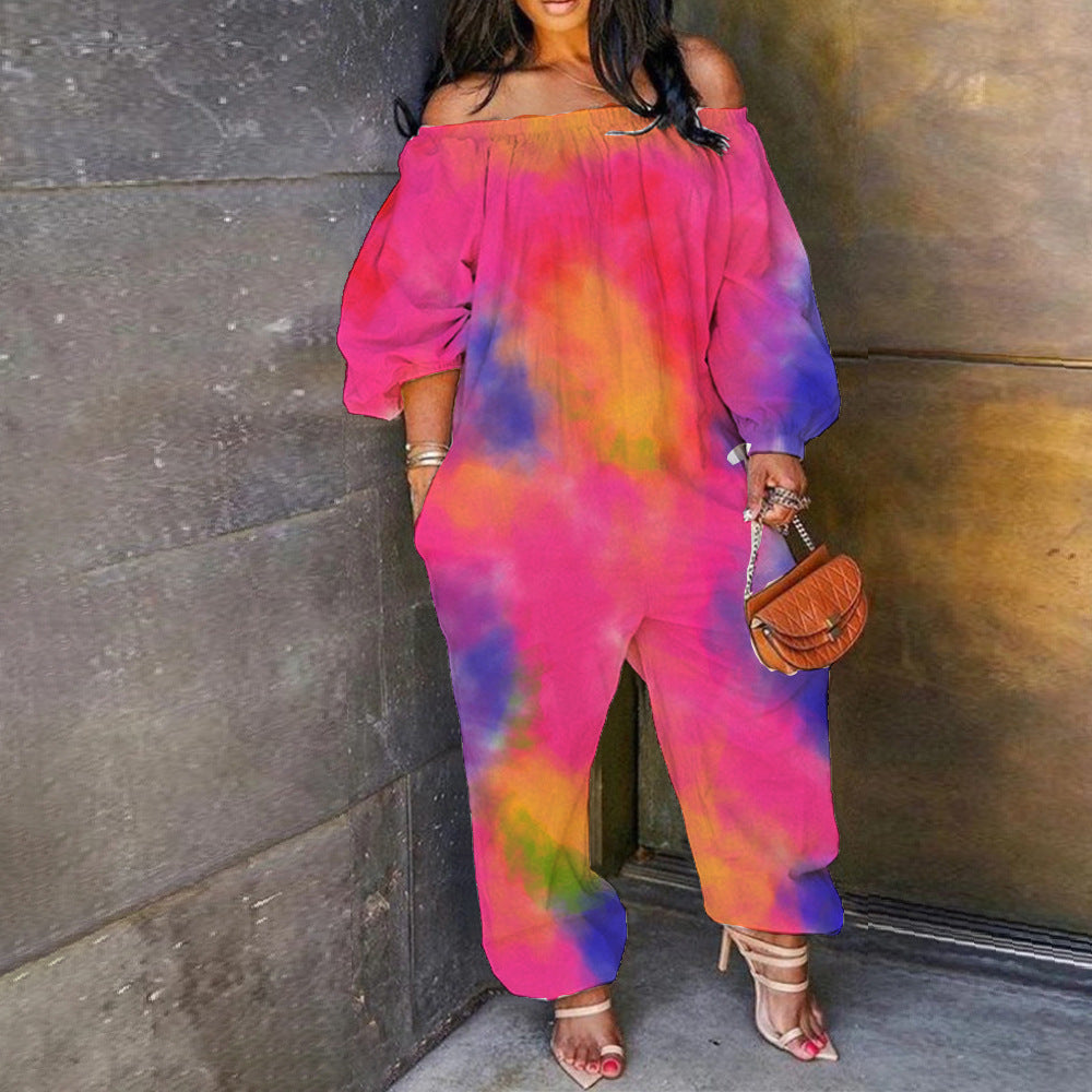 Oversized Tie-Dye Print Off-the-Shoulder Long Sleeve Harem Pants Jumpsuit to 4X Plus Size