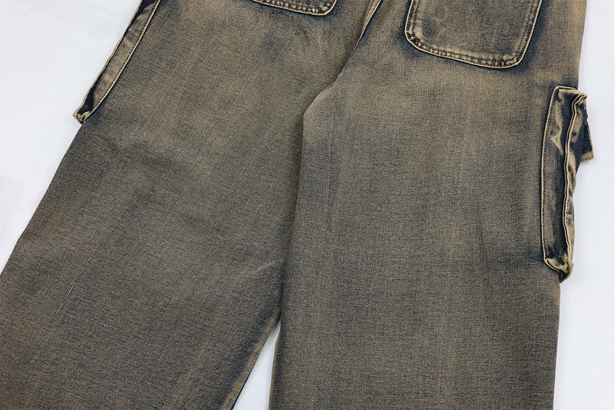 Men's Faded Washed Hip-Hop Multi-Pocketed Loose Wide Leg Cargo Jeans