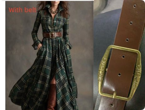 Oversized Plaid Print Long Sleeve Pocketed Turn-Down Collar Button-Up Big Swing Maxi Dress to 4X Plus Size