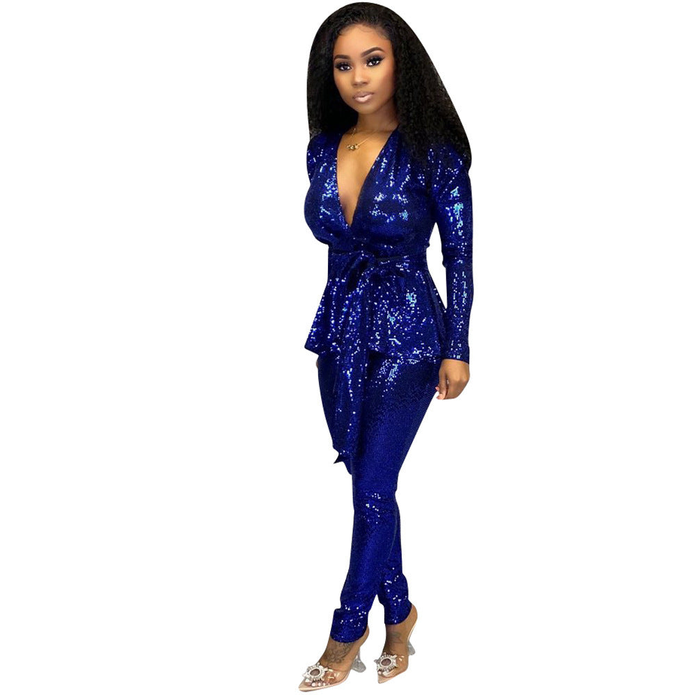 Metallic Sparkling Women's Low Cut Sash Belted Blazer Jacket + Pants Formal Party Suit