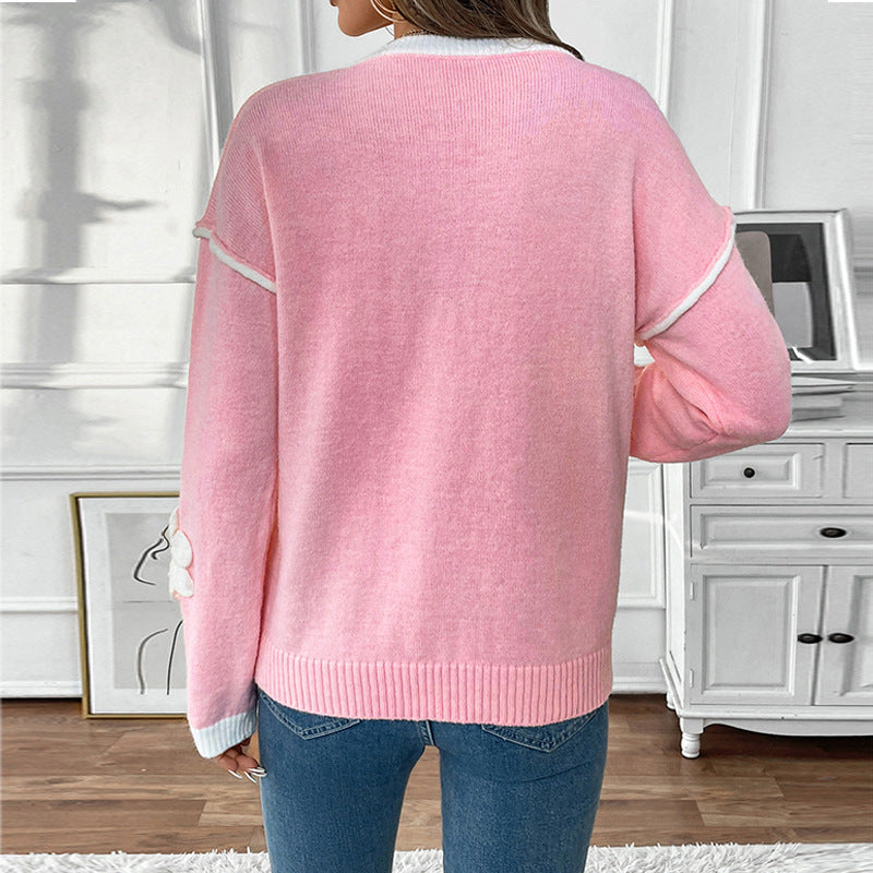Pink/White Big Flower Embroidered V-Neck Loose Women's Long Sleeve Sweater