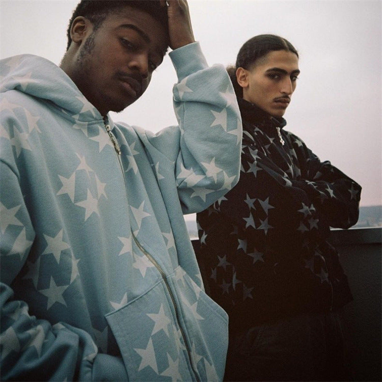Star Print Unisex Long Sleeve Hip-Hop Zipper Hoodie Sweatshirt