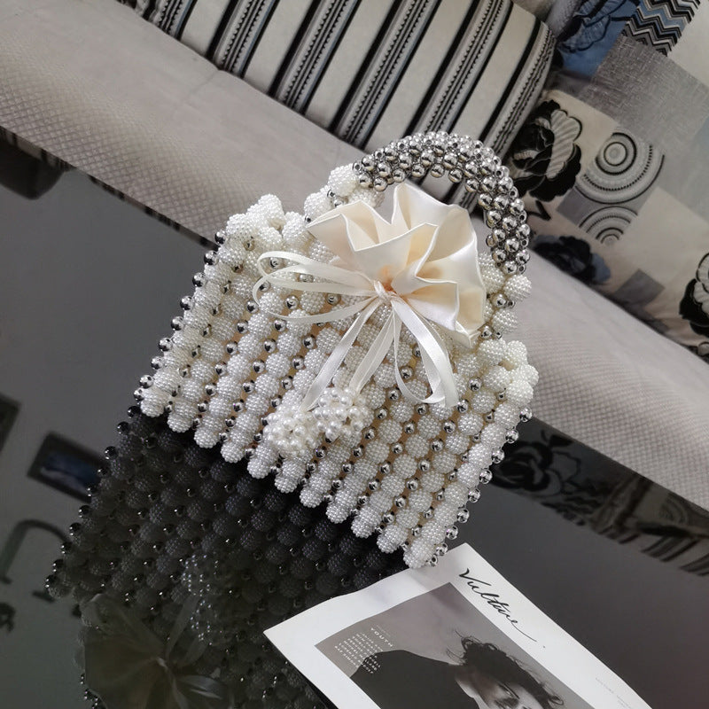 Satin Pearl Beaded Bowknot Decor Square French Niche Hand-Weaved Dinner Satchel Purse