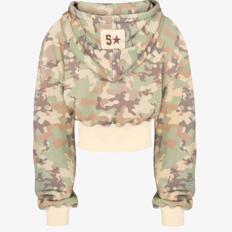 Camoflauge Long Sleeve Crop Zipper Hoodie Sweat Jacket + Drawstring Sweatpants Women's Tracksuit