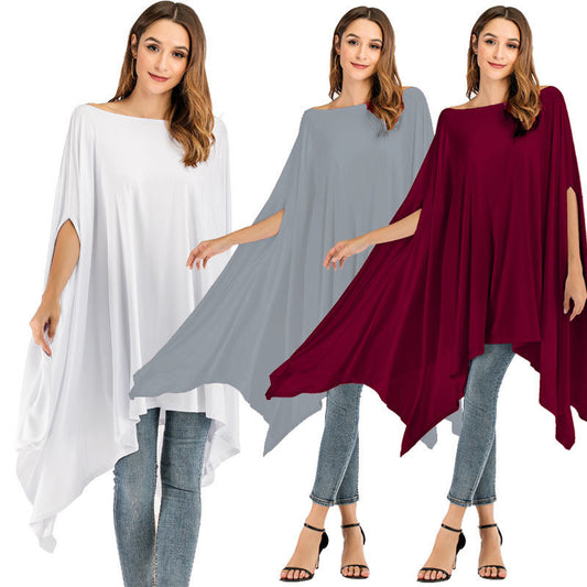 Irregular O-Neck Solid Color Batwing Sleeve Women's Maxi Shirt