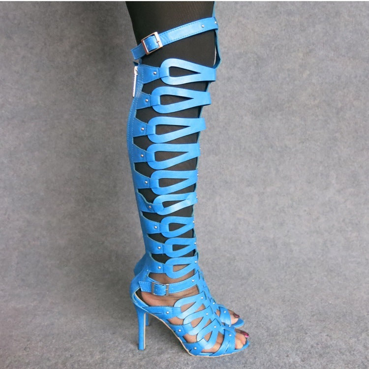 Hollow-Out Punk Rivet Design Open Toe High Heel Boots