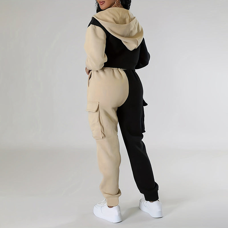 Colorblock Streetwear 2-Tone Cropped Zipper Sports Hoodie Jacket & Drawstring Cargo Pocketed Sweatpants Women's Tracksuit to 3X Plus Size