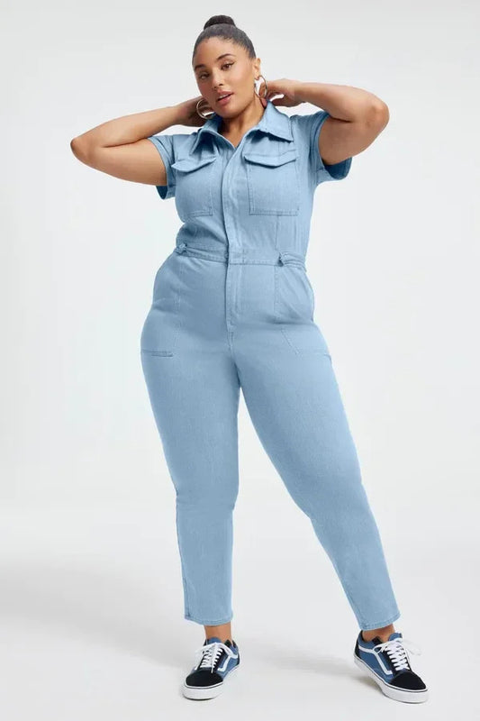 Denim Short Sleeve Women's Zipper Cargo Skinny Jumpsuit to 3X Plus Size