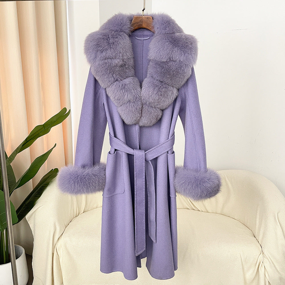 Oversized Fur Collar Double Sided Water Ripple Wool Women's Trenchcoat