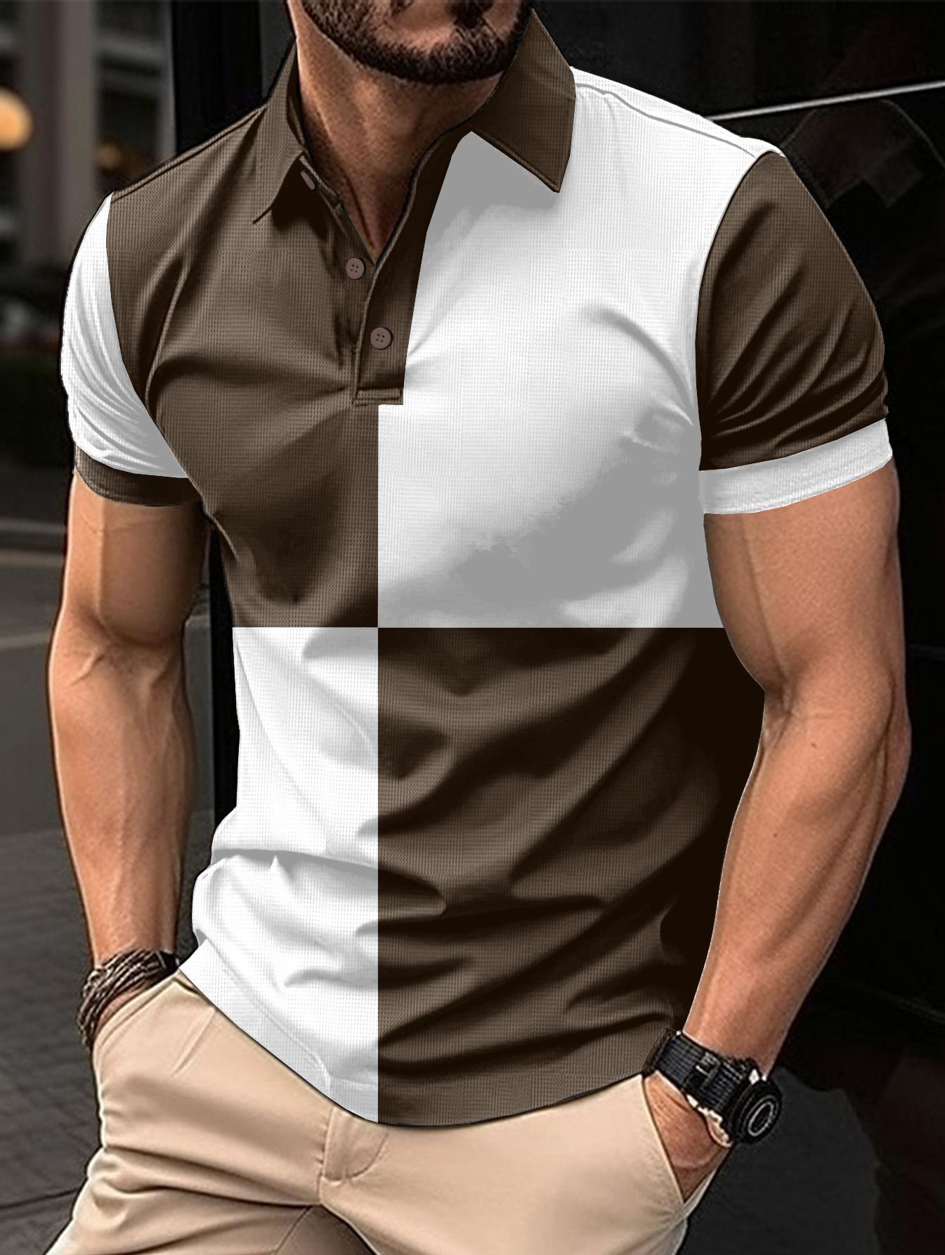 Colorblock Checker Print Turn-Down Collar Button-Up Polo Shirt