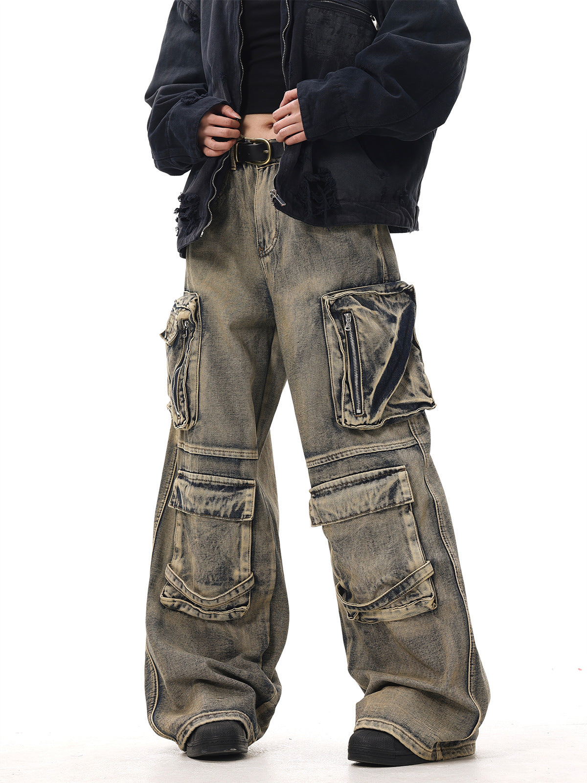 Men's Faded Washed Hip-Hop Multi-Pocketed Loose Wide Leg Cargo Jeans