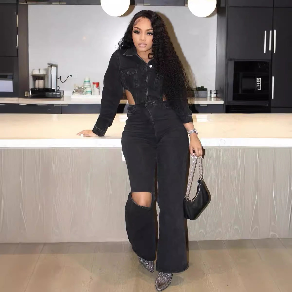 Black Denim Elastic Hollow-Out Long Sleeve Women's Jeans Jumpsuit