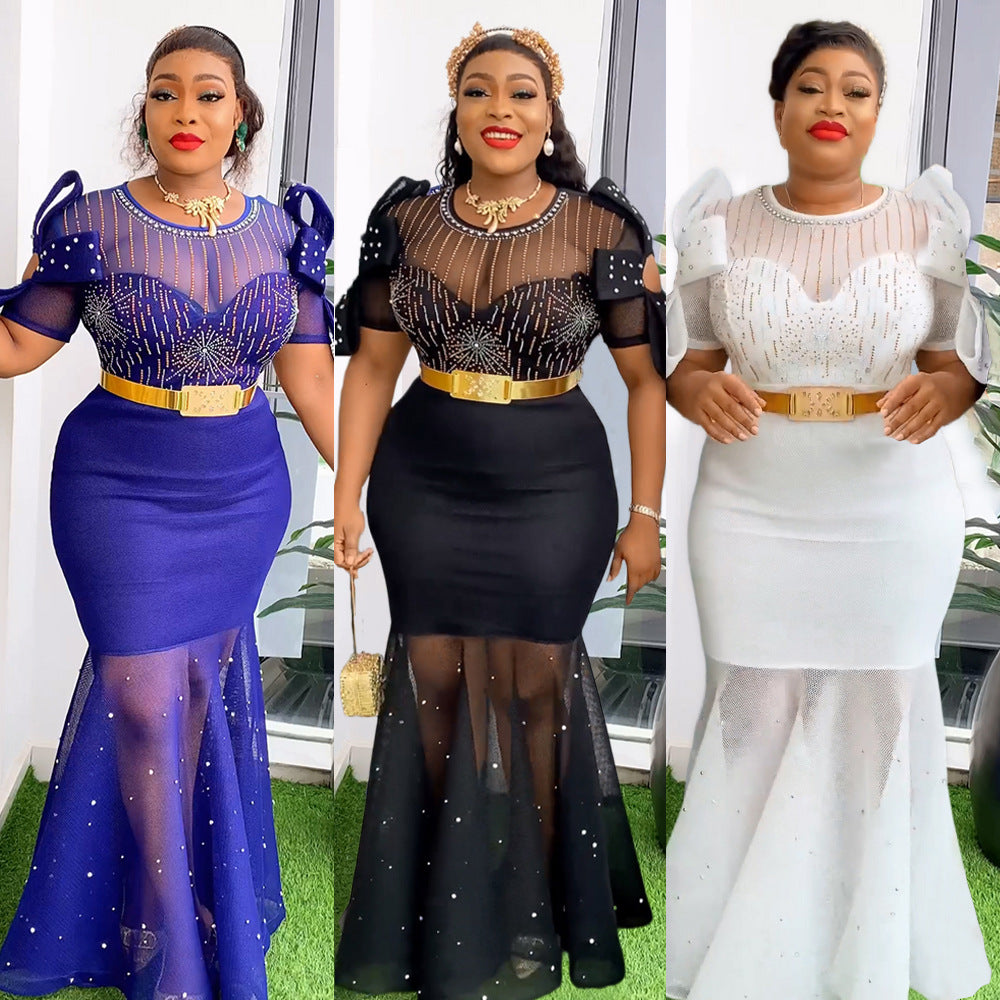 Hot Drill Diamond Beaded Embroidered  Evening Fishtail Formal Maxi Dress to 3X Plus Size