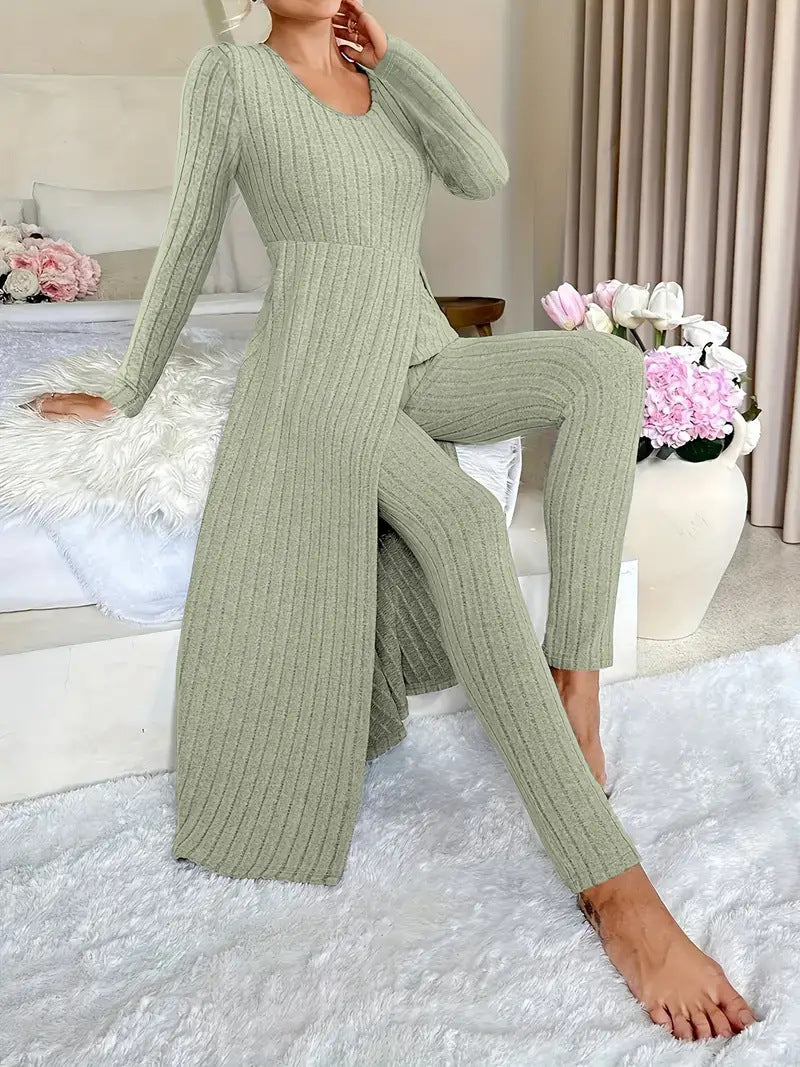Ribbed O-Neck Split Long Sleeve Maxi Shirt + Leggings Women's Two-Piece Set