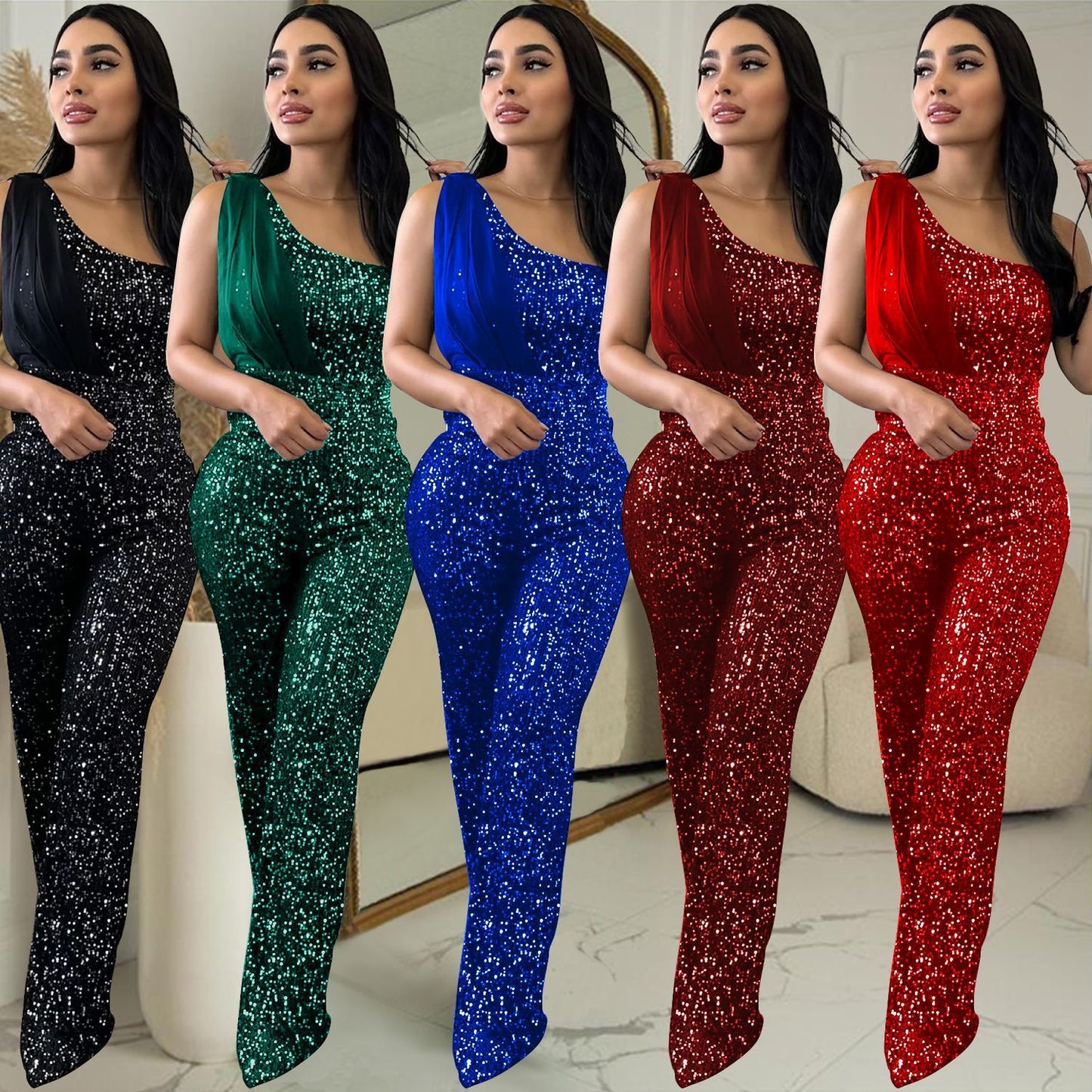 Sequin Glitter Asymmetrical Women's Solid Color Sleeveless One Shoulder Jumpsuit
