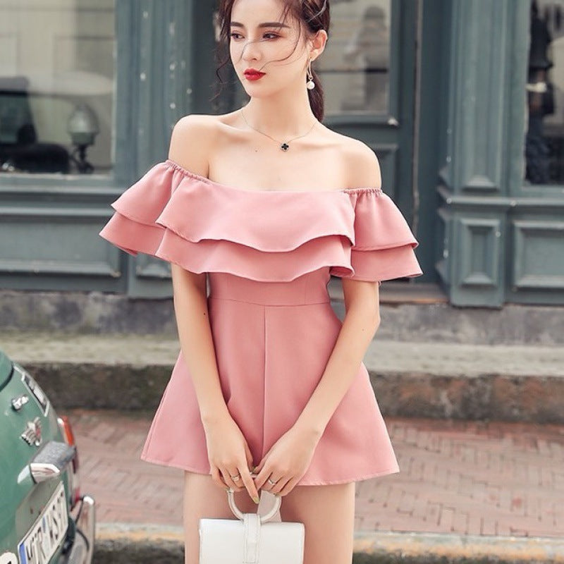 Off-the-Shoulder Strapless Ruffled Solid Color Women's Shorts Romper