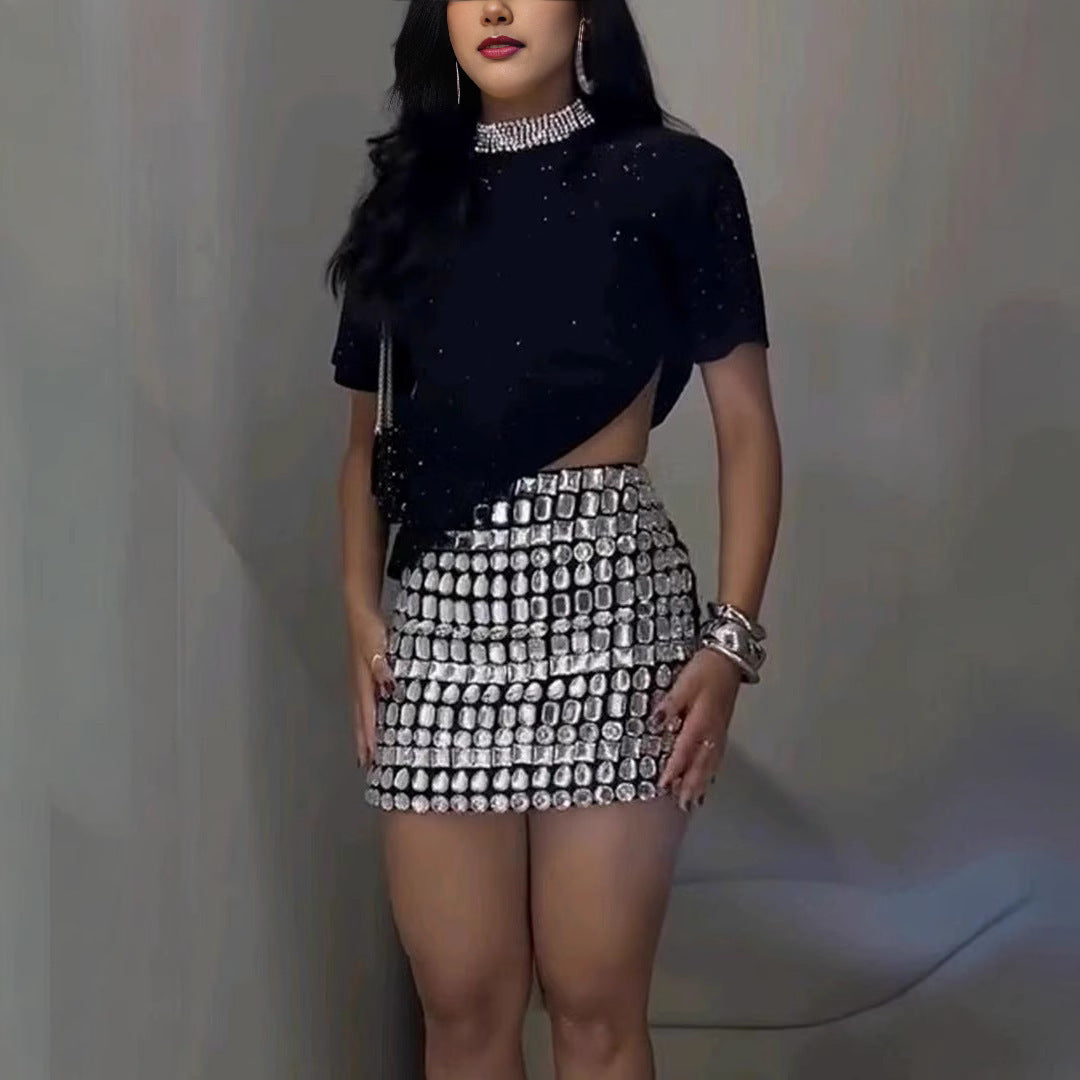 Rhinestone Diagonal Irregular Short Sleeve Mock Neck Top + Embellished Mini Skirt Women's 2-Piece Set to 3X Plus Size