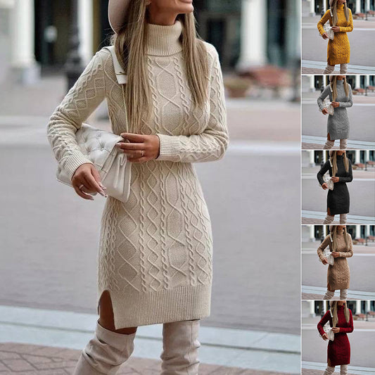 Turtleneck Weave Knitted Solid Color Pullover Long Sleeve Side Slit Sweater Dress to 5X Plus Size