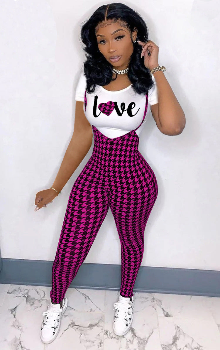 Sleeveless Houndstooth Plaid Print Cami Overalls Jumpsuit w/Love Heart Print T-Shirt Women's 2-Piece Set
