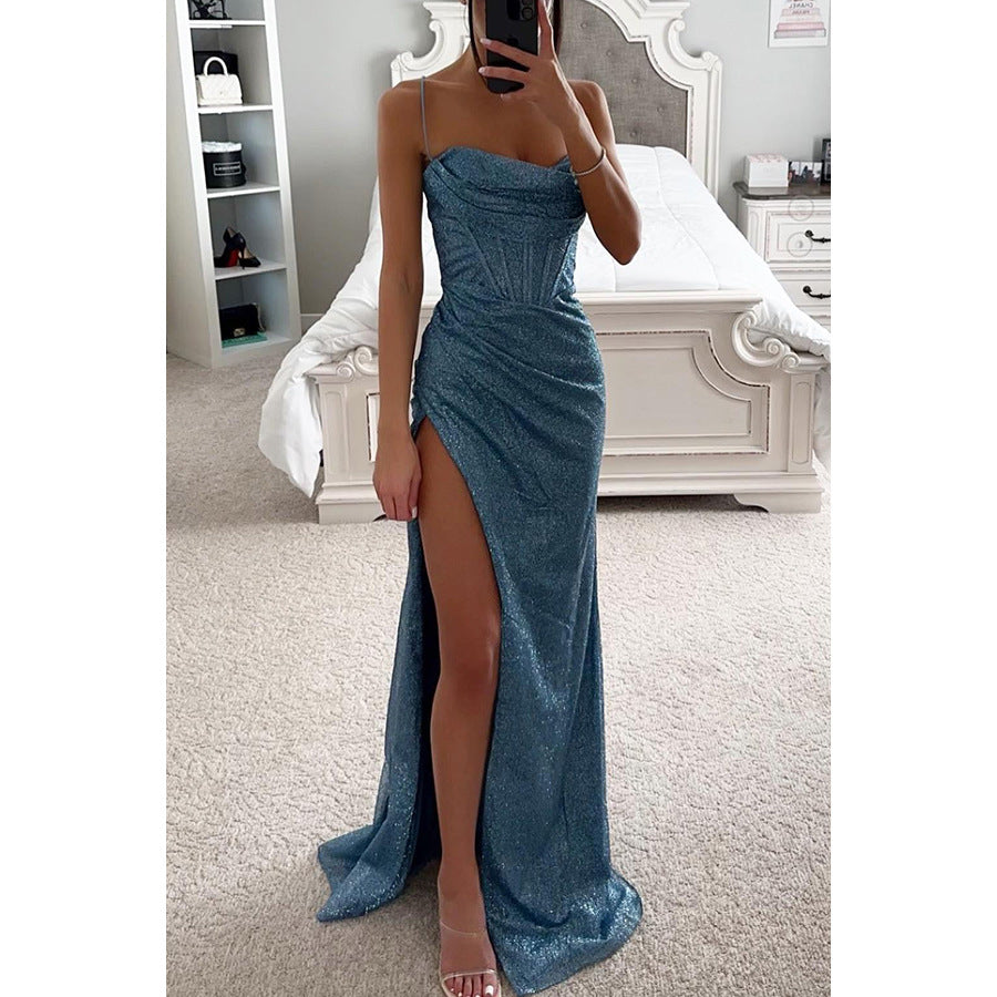 Sleeveless Sparkling Glitter Spaghetti Strap Design Evening Party/Prom Formal Dress