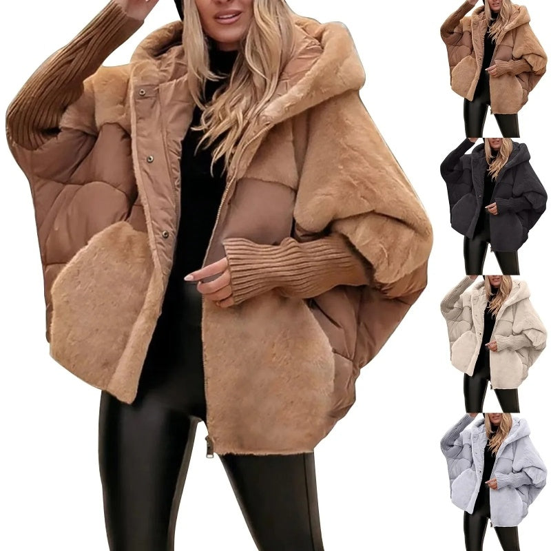 Oversized Quilted Faux Fur Patchwork Women's Long Sleeve Hoodie Jacket to 3X Plus Size