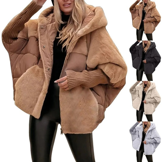 Oversized Quilted Faux Fur Patchwork Women's Long Sleeve Hoodie Jacket to 3X Plus Size