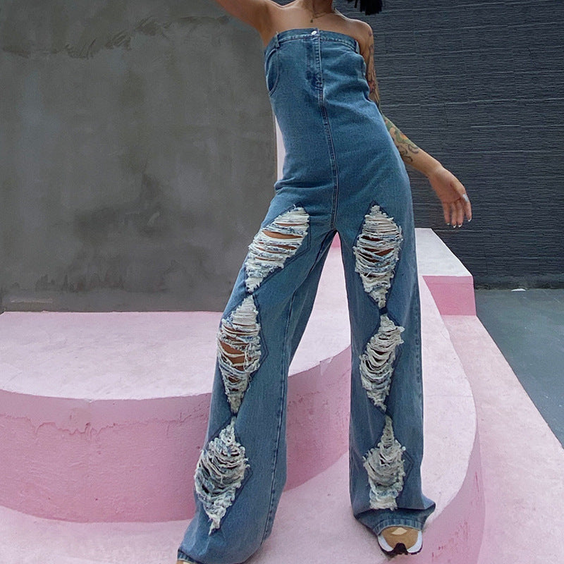 Denim Sleeveless Western Ripped High Waist Wide Leg Women's Tube Top Jean Jumpsuit