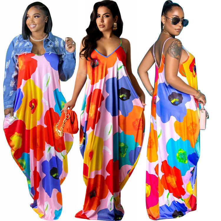 Pastel Big Flower Print Pocketed Loose Spaghetti Strap Harem Maxi Dress