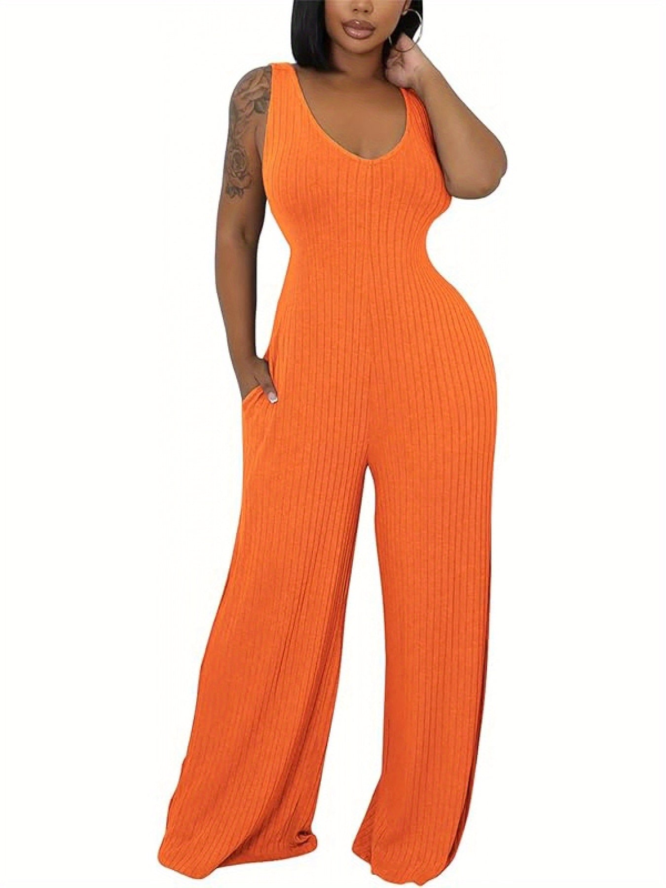 Ribbed Knitted Solid Color Batwing Sleeve Blazer + U-Neck Women's Sleeveless Jumpsuit 2-Piece Set