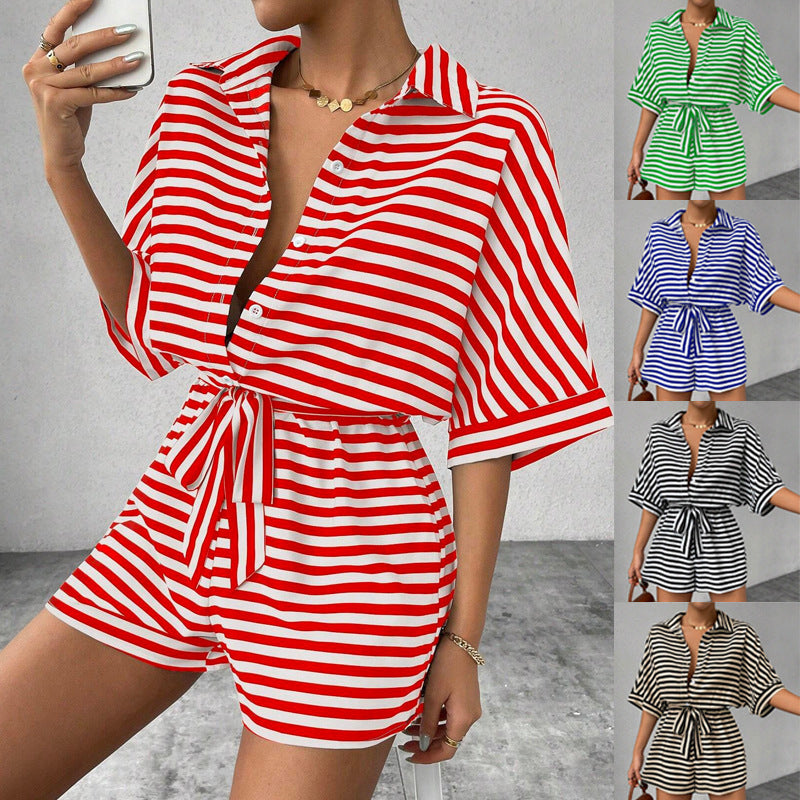 Striped Turn-Down Collar Button 1/2 Sleeve Sash Belted Women's Shorts Romper