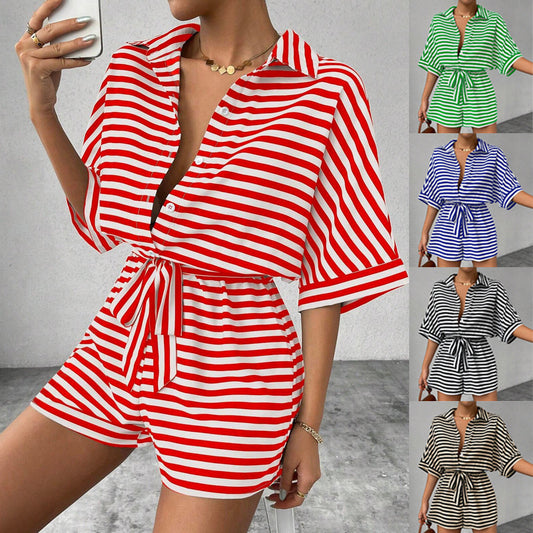 Striped Turn-Down Collar Button 1/2 Sleeve Sash Belted Women's Shorts Romper