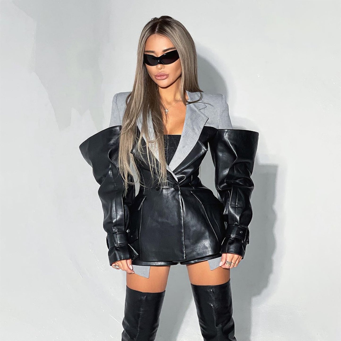 Leather Patchwork Black/Grey Irregular Hollow-Out Sleeve Design Women's Blazer Jacket