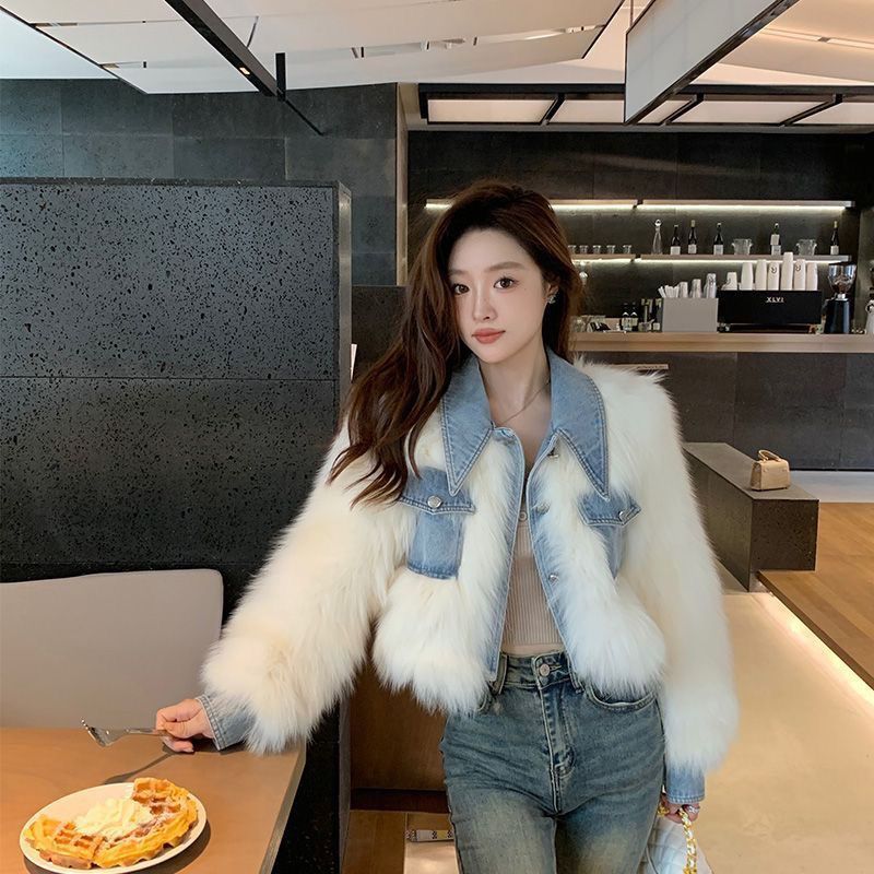 Light Blue Denim Patchwork Faux Fur Design Turn-Down Collar Crop Jean Jacket