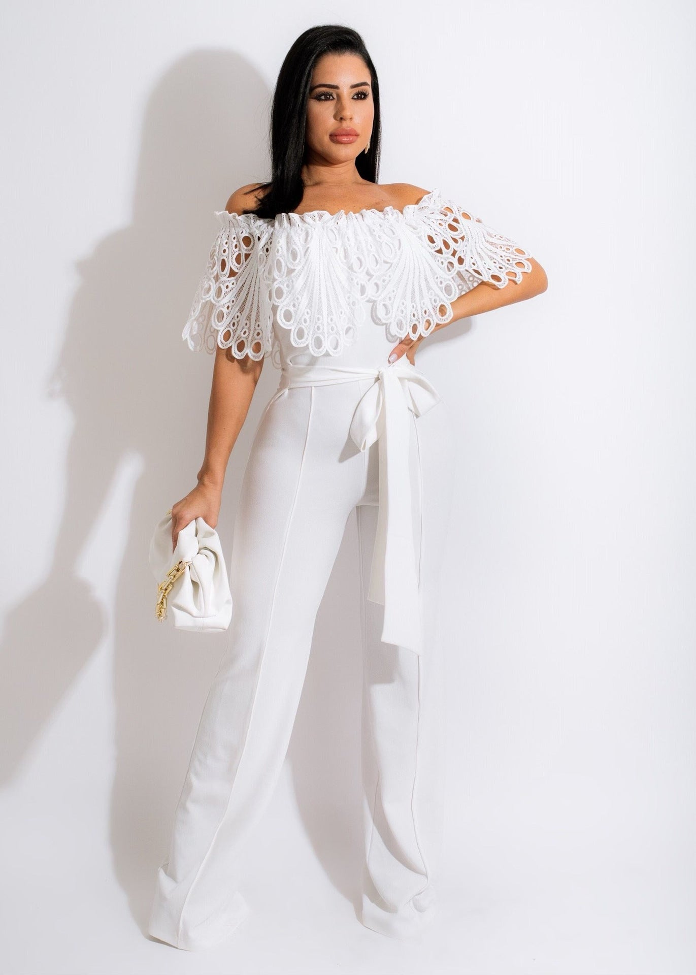 Ruffled Women's Off-the-Shoulder Sash Belted Jumpsuit