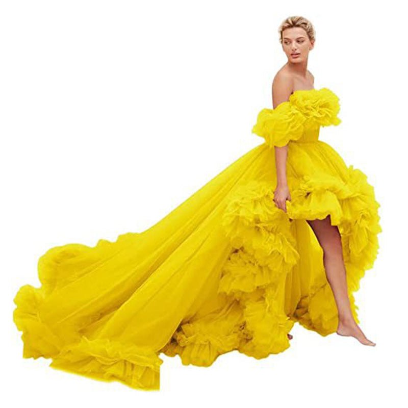 Oversized Ruffled High Low Tulle Off-the-Shoulder Long Tail Party/Prom/ Photoshoot Evening Gown Formal Dress