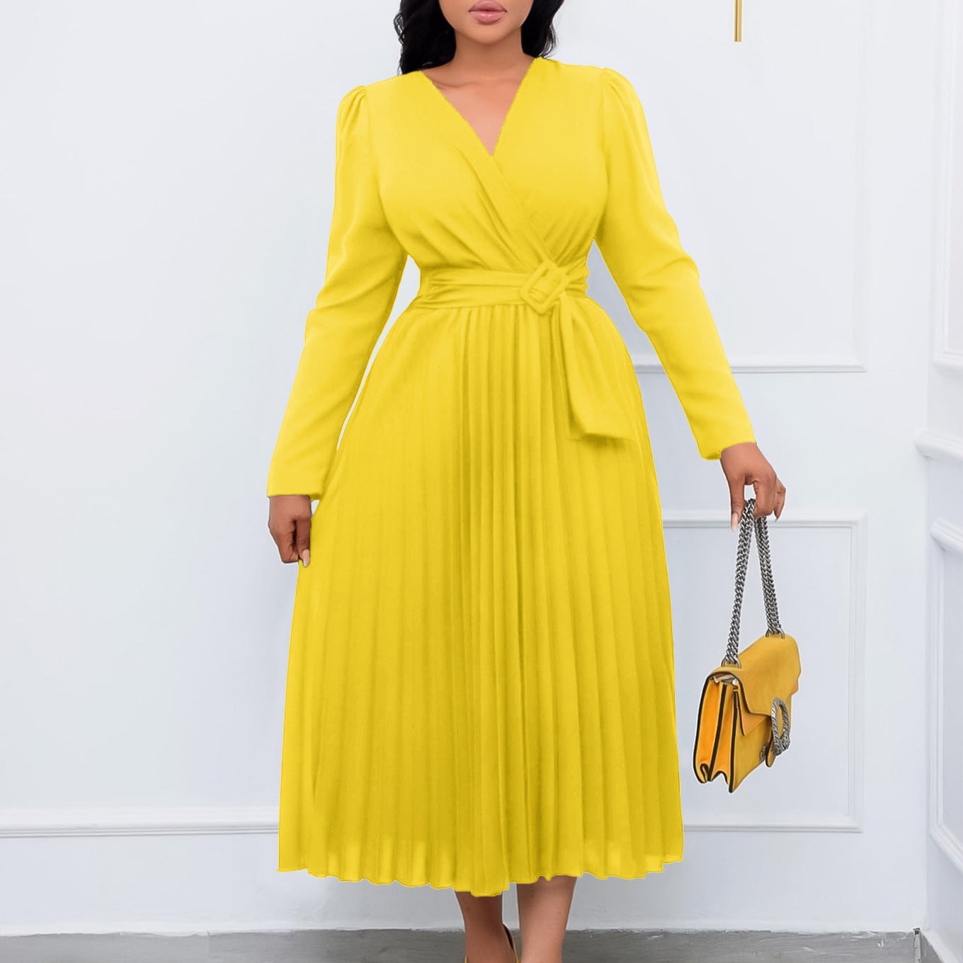 Pleated V-Neck Long Sleeve Lace-Up Solid Color Sash Belted Maxi Dress to 3X Plus Size