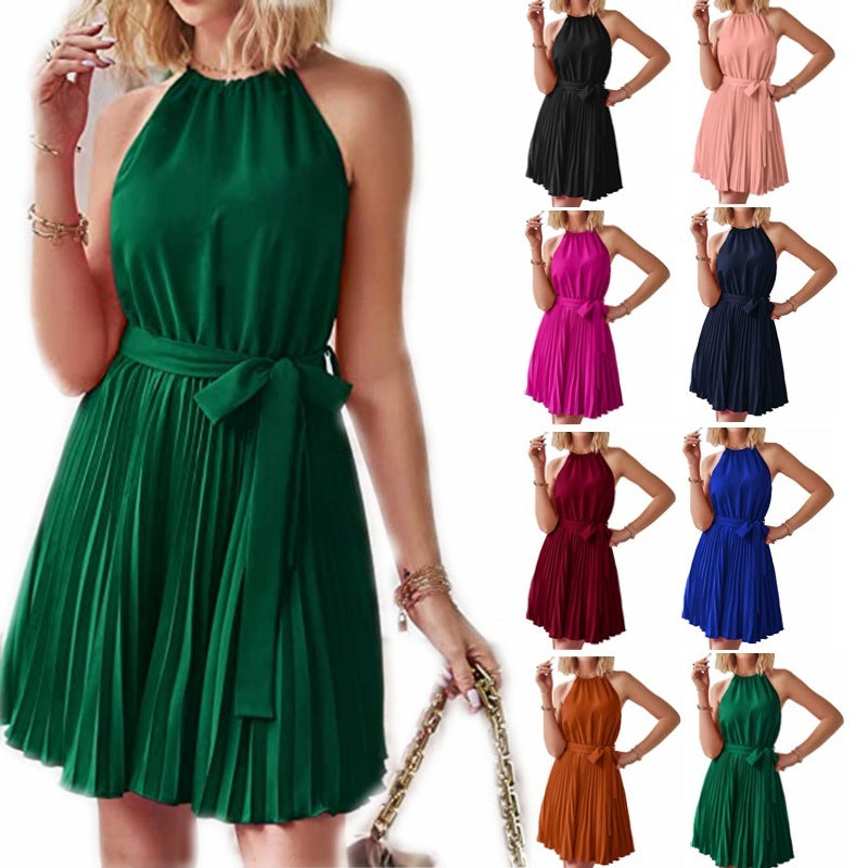 Pleated Chiffon Sleeveless Halter Neck Solid Color Sash Belted Formal Midi Dress