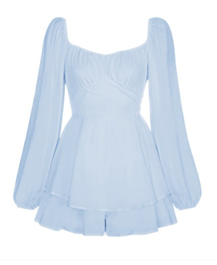 Ruffled V-Neck Women's Long Puff Sleeve Shorts Romper