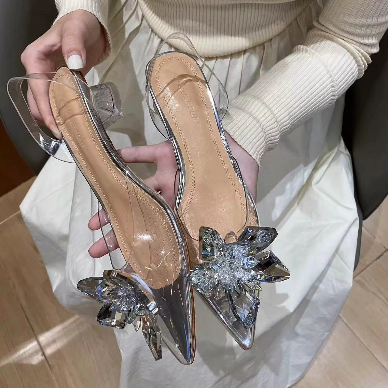 PVC Transparent Crystal Flower Design Spiked Heel Women's Pumps