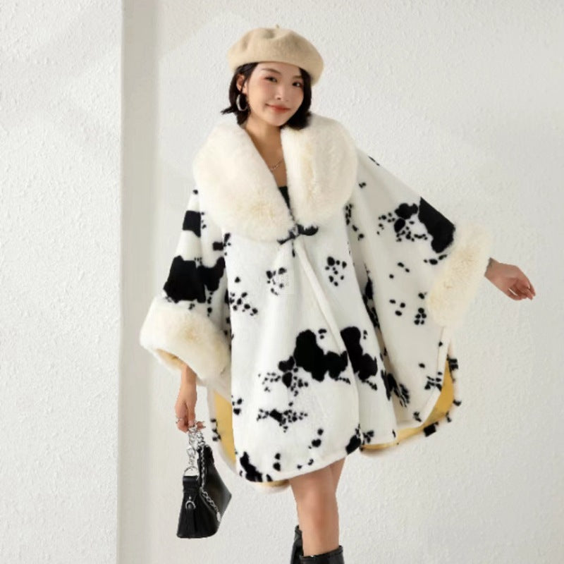 Oversized Faux Fur Collar Zebra/Cowhide/Leopard Print Black/White Women's Shawl Coat