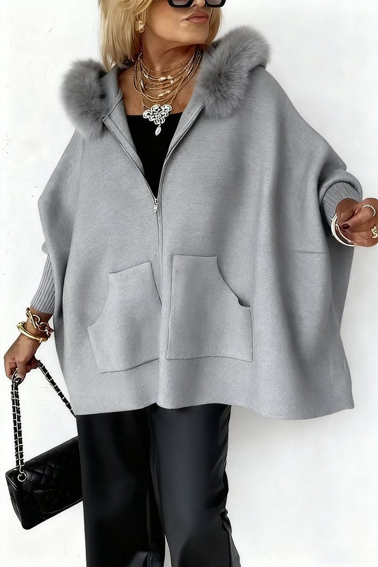 Oversized Plush Faux Fur Collar Women's Batwing Sleeve Zipper Sweater to 3X Plus Size