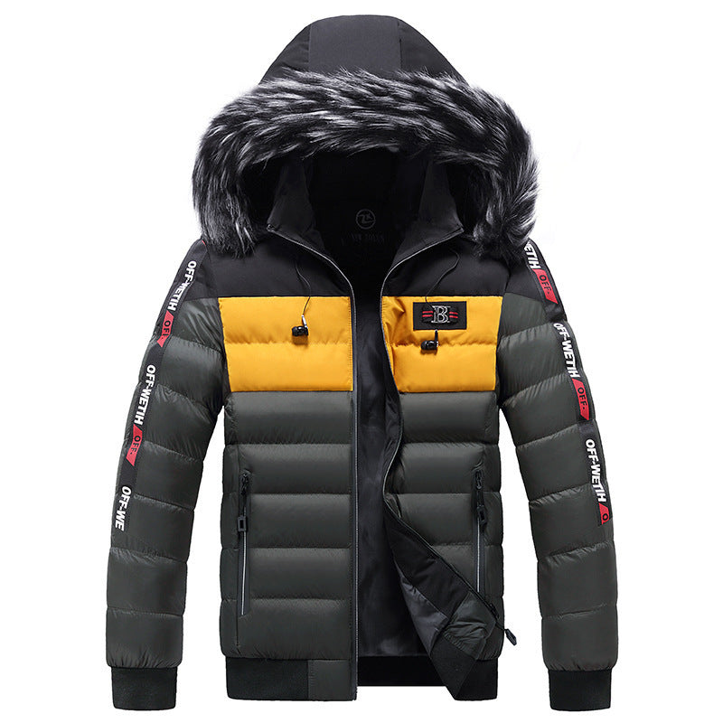 Men's Ribbed Colorblock Furry Hooded Down Puffer Ski Jacket