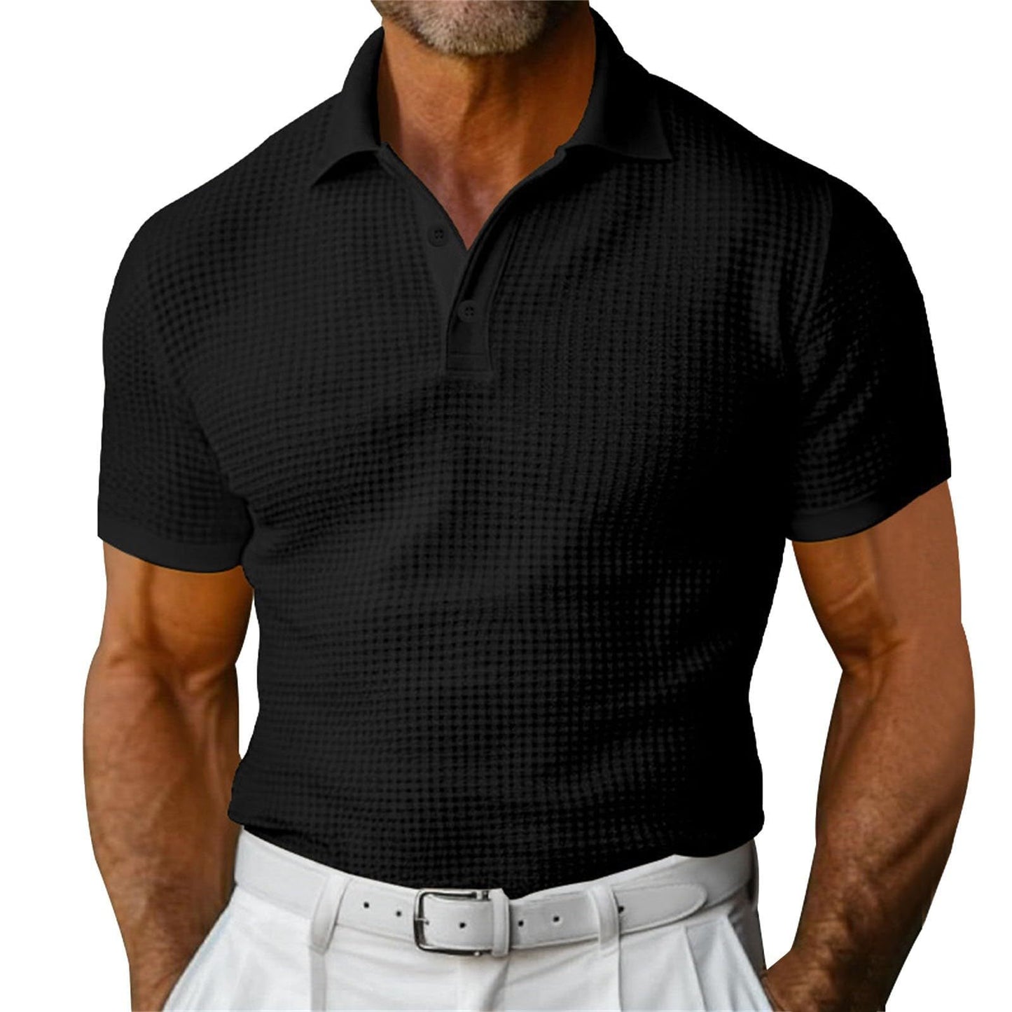 Men's Waffle Pattern Turn-Down Collar Short Sleeve Polo Shirt