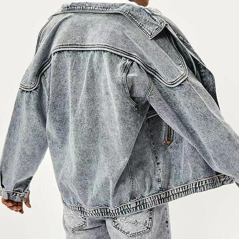 Men's Oversized Denim Faded Acid Washed Zipper Pocket Design Jean Jacket