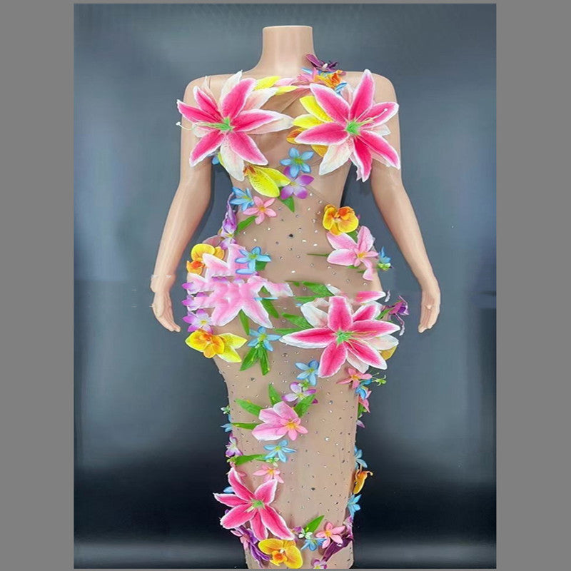 Big Flower Rhinestone Embellished Sleeveless Sheer Transparent Maxi Performance Costume Formal Maxi Dress