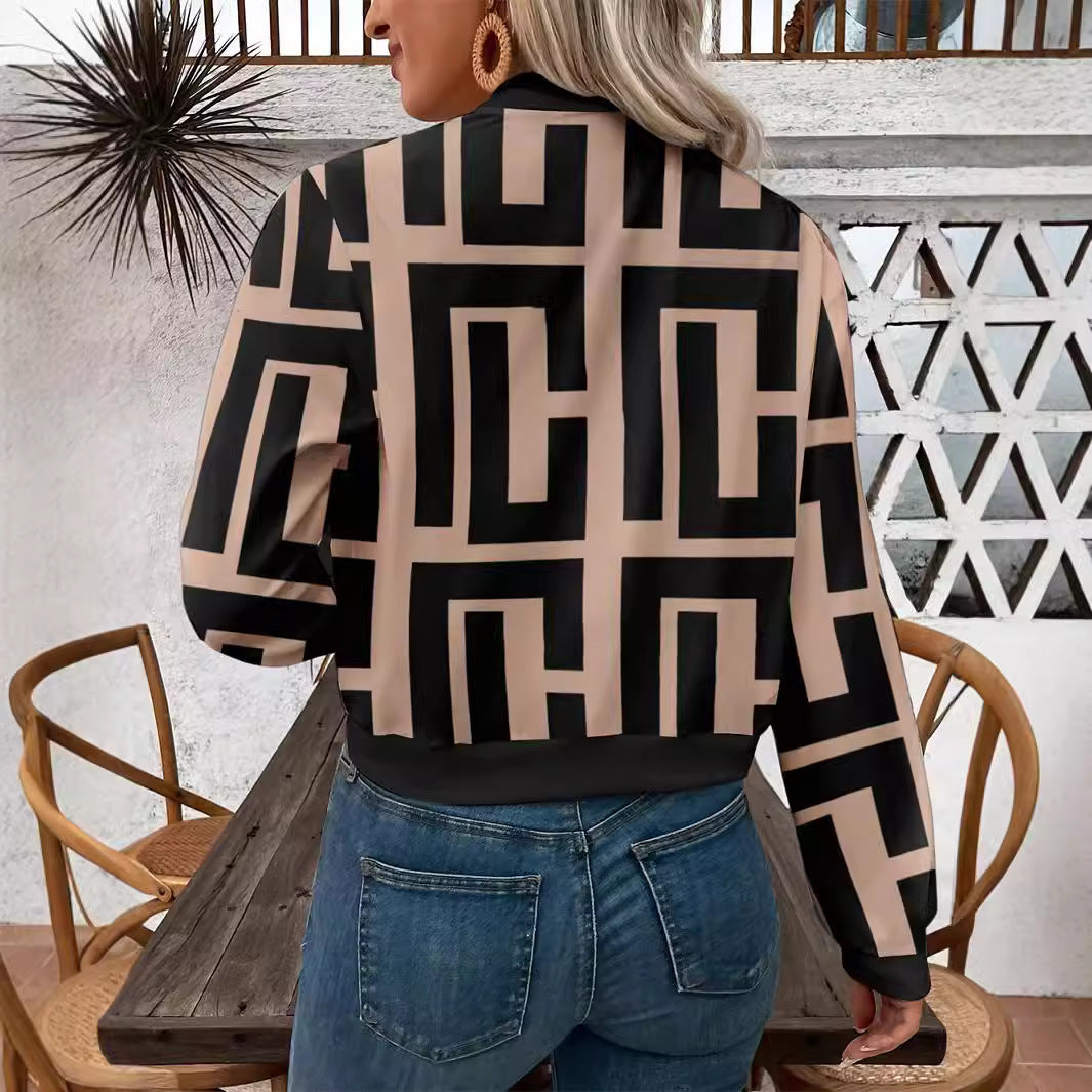 Black/Tan Geometric Colorblock Monogram Print Long Sleeve Women's O-Neck Bomber Jacket