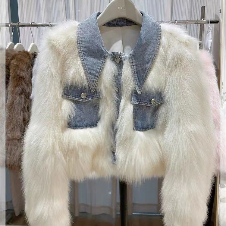 Light Blue Denim Patchwork Faux Fur Design Turn-Down Collar Crop Jean Jacket